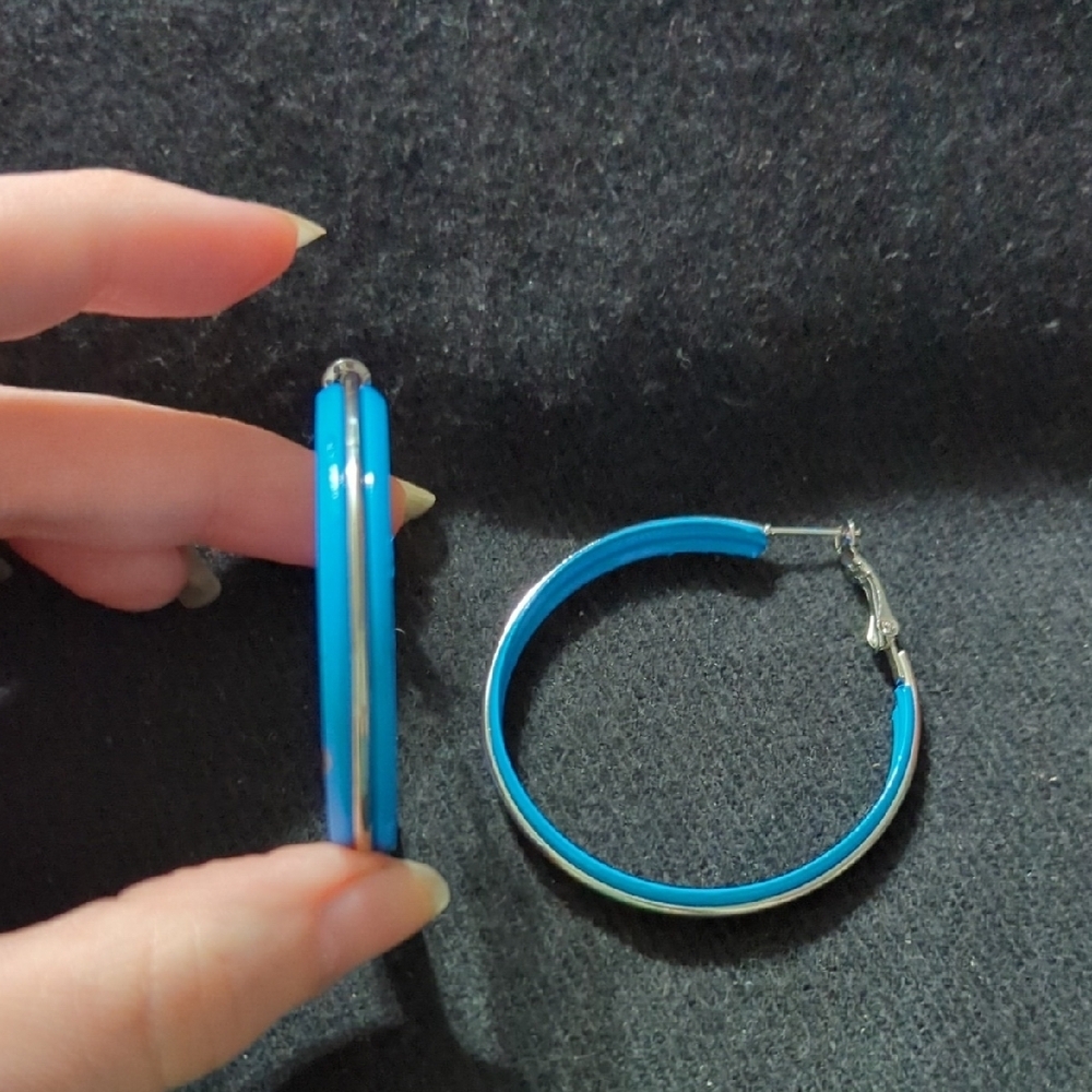 Silver Tone Blue Metal Hoop Statement Earrings